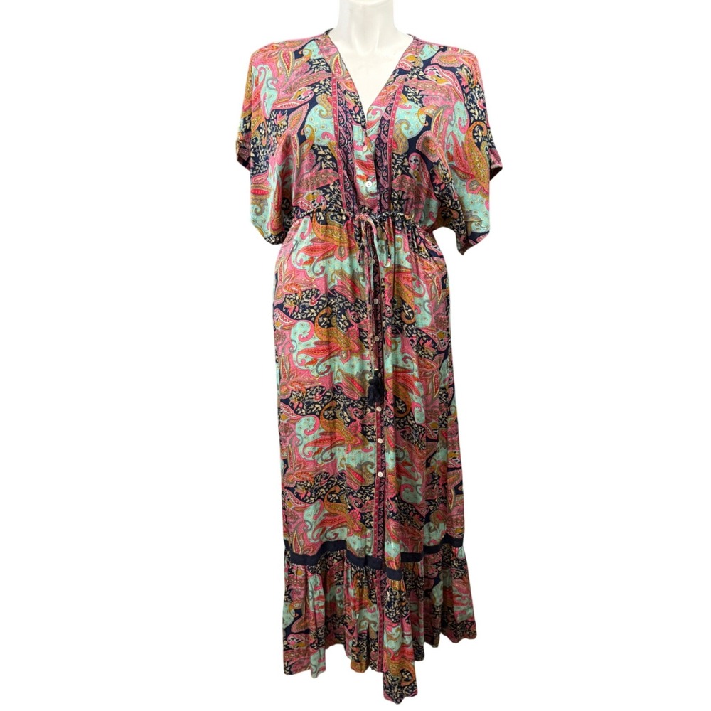 Mamey Mira Boutique Paisley Maxi Dress XL Pink Teal Boho Button Front Tassel